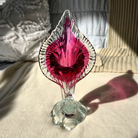 Cranberry to Clear Jack In The Pulpit Glass Vase Vintage Angelo Rossi - Picture 2 of 13
